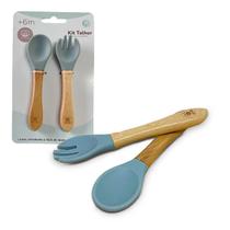 Kit Talheres Bebê Silicone Madeira Garfo Colher Menino Menina