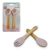 Kit Talheres Bebê Silicone Madeira Garfo Colher Menino Menina