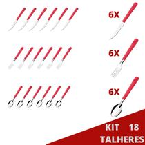 Kit Talheres Colher Faca Garfo Luna Cabo Vermelho - 18un