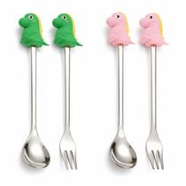 Kit Talheres em Aço Inox Dinossauro com Estojo Colher e Garfo Cor:Verde