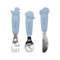 Kit Talheres Infantil Animais Inox e Silicone Azul
