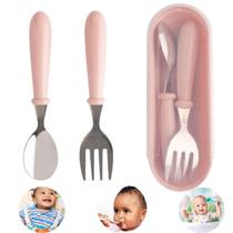 Kit Talheres Infantil Papinha Colher Garfo Com Estojo Rosa