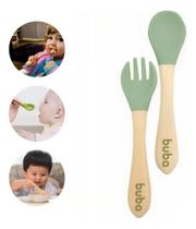 Kit Talheres Infantil Silicone e Bambu Colher e Garfo para Introdução Alimentar Bebês 6 Meses