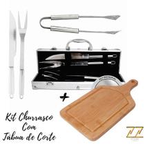 Kit Talheres Para Churrasco Com 3 Peças Inox + Tábua