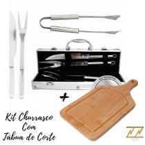 Kit Talheres Para Churrasco Com 3 Peças Inox + Tábua Kit Talheres Para Churrasco Com 3 Peças Inox + Tábua