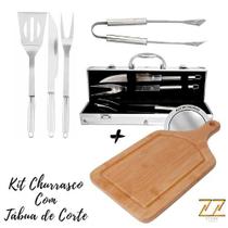 Kit Talheres Para Churrasco Com 4 Peças Inox + Tábua Kit Talheres Para Churrasco Com 4 Peças Inox + Tábua