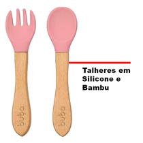 Kit Talheres Silicone e Bambu Rosa Colher e Garfo Buba