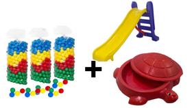 Kit Tanque de Areia jabuti + Escorregador Médio + 150 Bolinhas Coloridas / Valentina Brinquedos