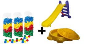 Kit Tanque De Areia Jabuti + Escorregador Médio C/ 3 Degraus + 150 Bolinhas Coloridas/ Valentina Brinquedos