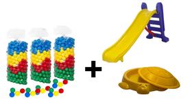 Kit tanque jabuti amarelo infantil + 100 bolinhas coloridas 76mm premiun super divertidas + 1 escorregador médio azul c/