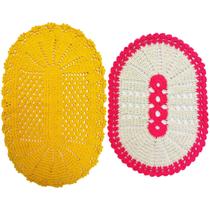 Kit Tapete De Banheiro Crochê Oval Branco Com Rosa Pink 57Cm e 73cm Amarelo Ótima Qualidade Feito Manualmente Não Desfia - AZS
