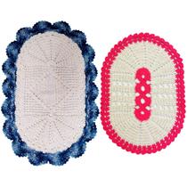 Kit Tapete De Banheiro Crochê Oval Branco Com Rosa Pink 57Cm e 75cm Azul Ótima Qualidade Feito Manualmente Não Desfia