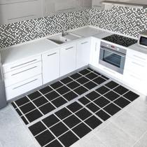 Kit Tapete de Cozinha 3 Peças em Tecido Jacquard com Látex - Grid Preto - EDDI Casa