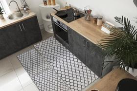 Kit Tapetes e Passadeira De Cozinha 3 Peças Antiderrapante Arabesco Geométrico Branco e Preto