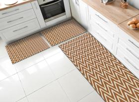 Kit Tapetes e Passadeira De Cozinha 3 Peças Antiderrapante Chevron Zig Zag Geométrico Caramelo e Cru