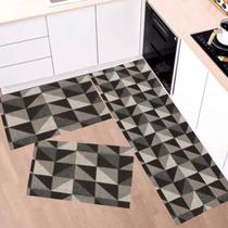 Kit Tapetes e Passadeira De Cozinha 3 Peças Antiderrapante Decorativa Dubai Preto e Cinza