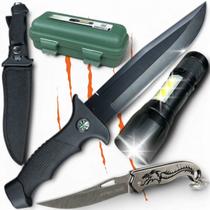 Kit Tático Completo com Facão Militar Aço Inoxidável, Canivete com Estampa de Dragão, Lanterna LED Recarregável e Case Rígido Sobrevivência, Camping