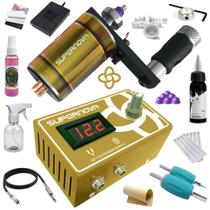 Kit Tatuagem Supernova Gold c/ Máquina Rotativa 100% Alumínio, Fonte Digital e Tinta Electric Ink