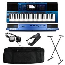 Kit Teclado Casio Arranjador Sintetizador MZ-X500 Azul + Capa estofada Suporte, Pedal Sustain e Fone