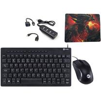 Kit Teclado compacto OTG HUB + Mouse com fio p/ Tablet ou Smartphone Estudo Trabalho