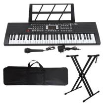 Kit Teclado Musical 61 Teclas Estudante Iniciante Rhythmic 20 + Capa e Suporte em X