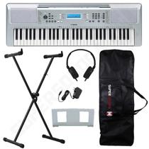 Kit Teclado Musical Arranjador YPT 370 Yamaha Prata 61 Teclas + Suporte X + Capa + Fone de Ouvido