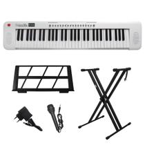Kit Teclado Musical Estudante Iniciante 61 Teclas Rhythmic 50WH Branco com Suporte em X
