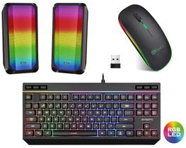 Kit Teclado Semi-Mecanico Mouse s Fio Caixa de Som Led RGB Gamer 10W