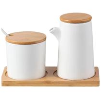 Kit Temperos Porcelana e Madeira Bambu Conjunto Galheteiro Completo com Saleiro e Colher Ideal para Mesa Posta e Cozinha Moderna