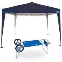 Kit Tenda Azul 3x3 Dobravel Pantografica + Carrinho de Praia com Avanco para Caixa Termica Mor