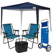 Kit Tenda Gazebo 3x3 M Azul Oxford + 2 Cadeiras + Cooler 19 L + Carrinho C/ Avanco