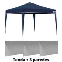 Kit Tenda Gazebo Azul Base e Topo 3x3 M + 3 Paredes Brancas Sem Janelas