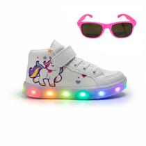 Kit Tênis Botinha Cano Médio para Meninas de Unicórnio com Led Luzinha Colorida na Sola + Óculos Escuros