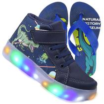 Kit Tenis Botinha Infantil Luzinha De Led Dinossauro Chinelo