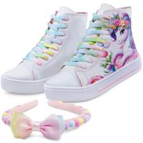 Kit Tênis Botinha Unicórnio Menina Cano Alto Branco/Colorido Mz Shoes