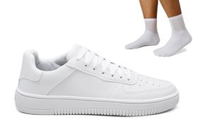 Kit Tênis Branco Masculino Casual + Meia Cano Longo Algodão Kit Tênis Branco Masculino Casual + Meia Cano Longo Algodão