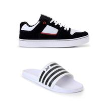 Kit Tênis Branco Preto Skatista Chinelo Sandália Slide Unissex
