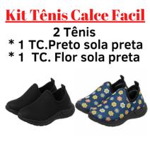 Kit Tênis calce fácil Infantil menina PRETO SOLA PRETA e FLOR SOLA PRETA