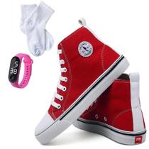 Kit Tênis Casual Feminino Cano Médio Liso + Relógio + Meia