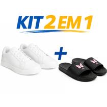 Kit Tênis Casual Feminino Confortável Chinelo Slide Macio Leve Antiderrapante