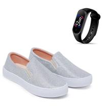 Kit Tênis Casual Feminino Macio Legítimo Slip On com Glitter + Relógio Touch Digital