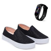 Kit Tênis Casual Feminino Macio Legítimo Slip On com Glitter + Relógio Touch Digital Kit Tênis Casual Feminino Macio Legítimo Slip On com Glitter + Relógio Touch Digital