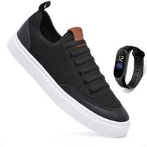 Kit Tenis Casual Masculino Feminino Casual Cano Baixo Sola Reta Leve Confortavel Preto + Relógio Kit Tenis Casual Masculino Feminino Casual Cano Baixo Sola Reta Leve Confortavel Preto + Relógio
