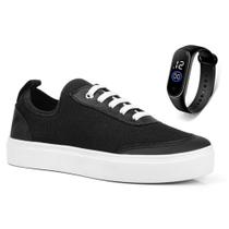 Kit Tenis Casual Masculino Feminino Casual Cano Baixo Sola Reta Leve Confortavel Preto + Relógio Kit Tenis Casual Masculino Feminino Casual Cano Baixo Sola Reta Leve Confortavel Preto + Relógio