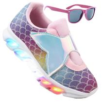 Kit Tenis De Led Feminino Sereia Glitter Refletivo + Oculos