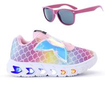 Kit Tenis De Led Feminino Sereia Glitter Refletivo + Oculos