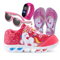Kit Tênis De Led Infantil Menina Feminino Unicórnio + Chinelo + Óculos + Relógio Kit Tênis De Led Infantil Menina Feminino Unicórnio + Chinelo + Óculos + Relógio