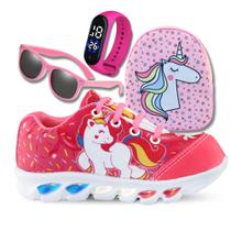 Kit Tênis De Led Infantil Menina Feminino Unicórnio + Mochila + Óculos + Relógio Kit Tênis De Led Infantil Menina Feminino Unicórnio + Mochila + Óculos + Relógio