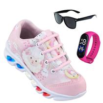 Kit Tenis de led infantil meninas Ledstar calce facil Ovelha desenhos Luzinhas mais relogio e oculos