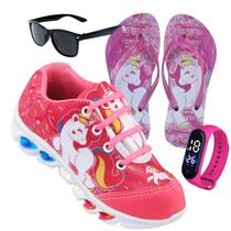 Kit Tenis de led infantil meninas Ledstar calce facil Unicornio desenhos Luzinhas mais chinelo relogio e oculos Kit Tenis de led infantil meninas Ledstar calce facil Unicornio desenhos Luzinhas mais chinelo relogio e oculos